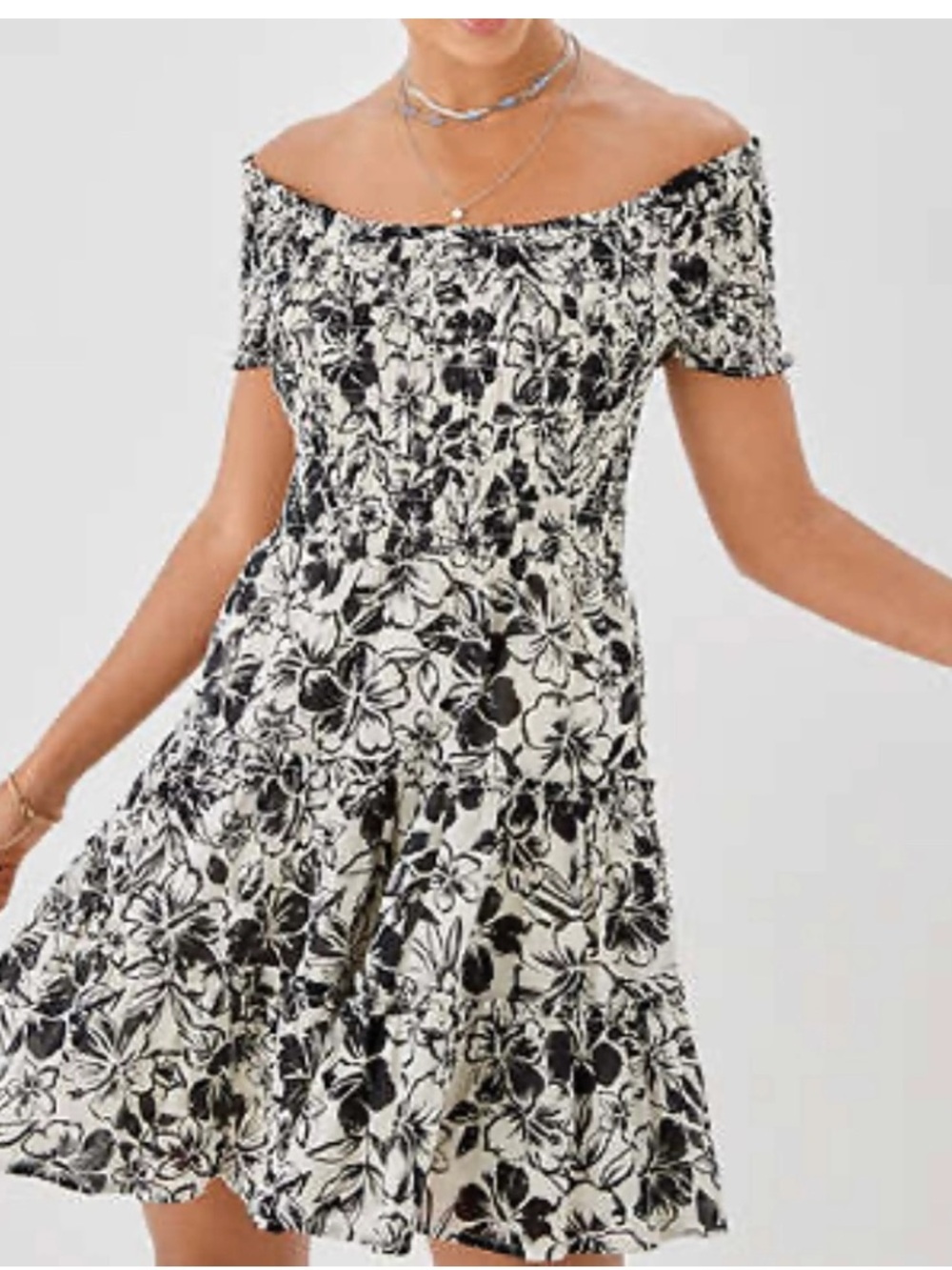 American Eagle Outfitters Black and White Floral Smocked Mini Dress